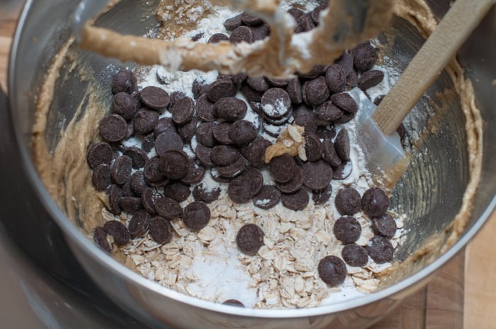 Adding the chocolate chips to the cookie batter