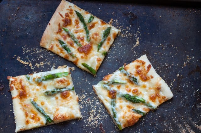 Asparagus and gruyere cheese pizza
