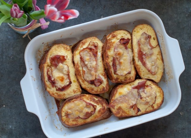 Baked ham and gruyere in baking pan