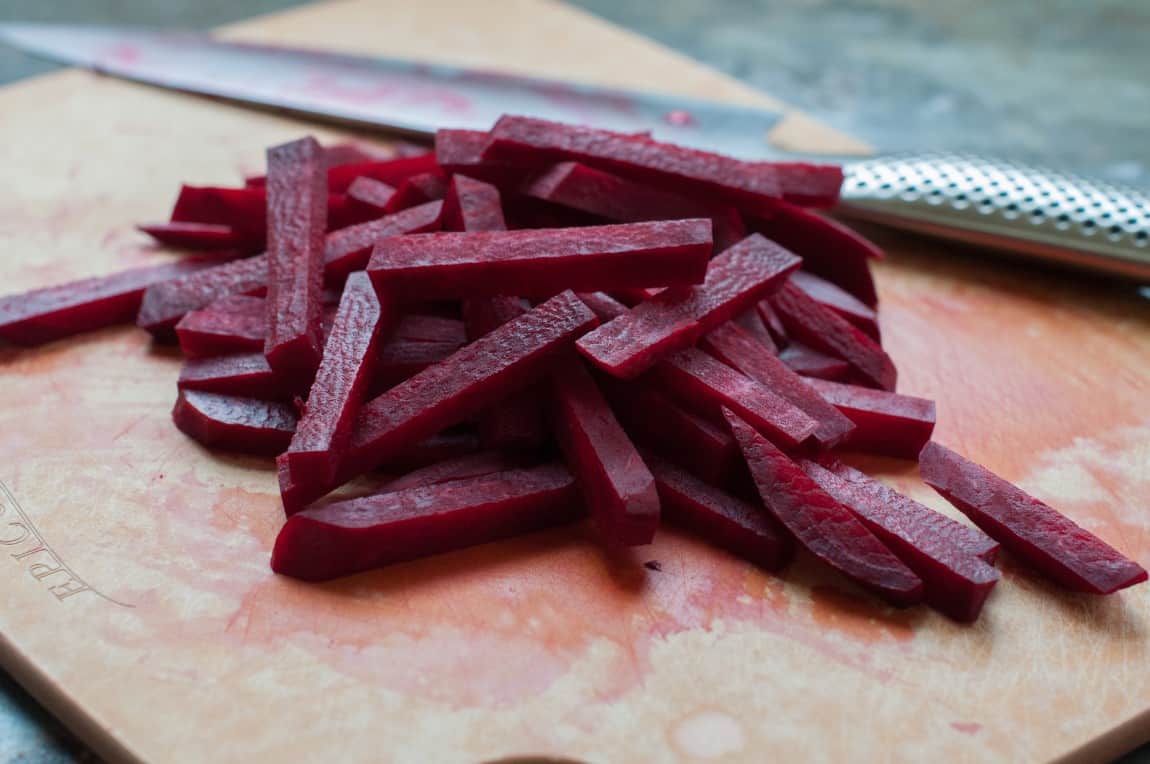 Beets cut into matchstick slices