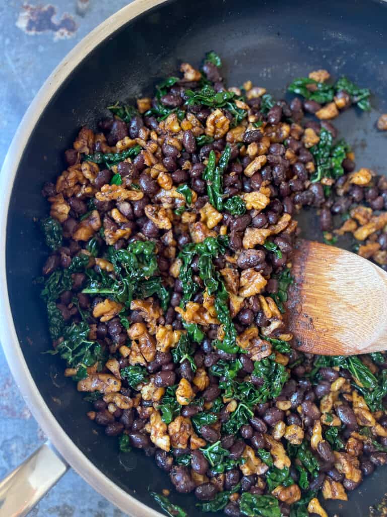 Black bean and walnut tacos mixture in a pan.