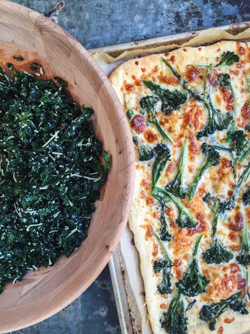 Broccoli rabe pizza with lacinato kale salad on the side