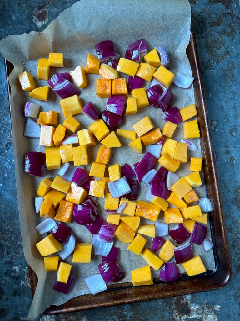 Butternut squash and red onion cut into cubes.