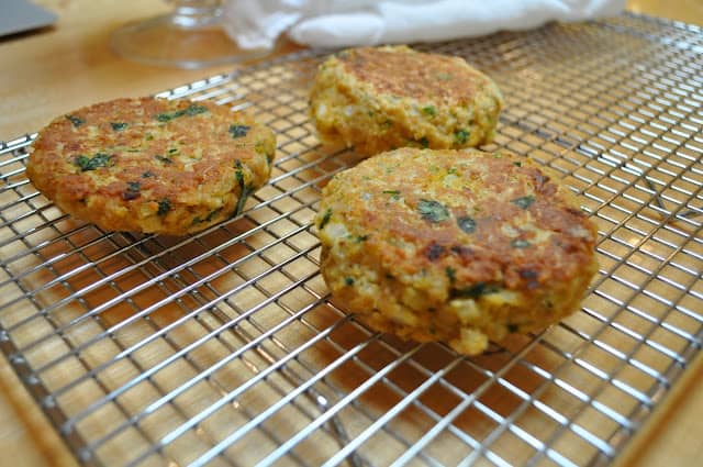 Chickpea veggie burgers cooling on wire rack