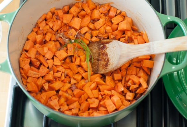 Chipotle and sweet potato in pot before cooking
