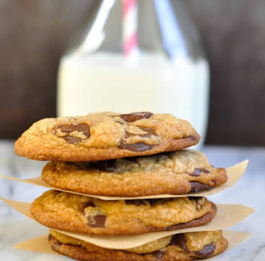 Chocolate chip cookies stacked