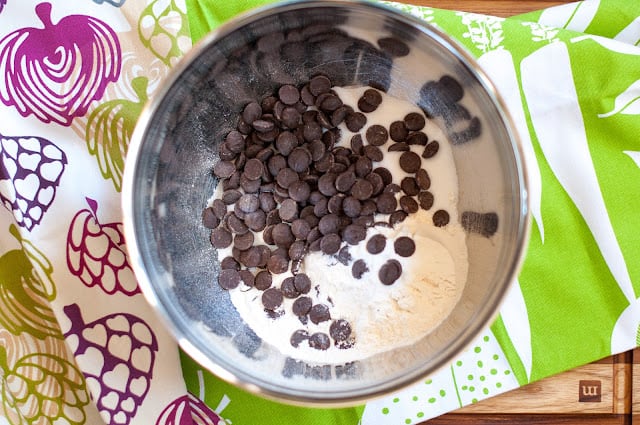 Adding in chocolate chips to dry ingredients
