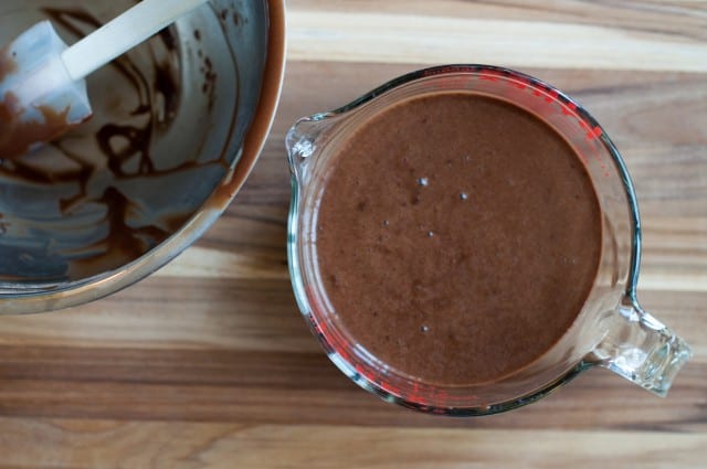 Chocolate cupcake batter in measuring cup