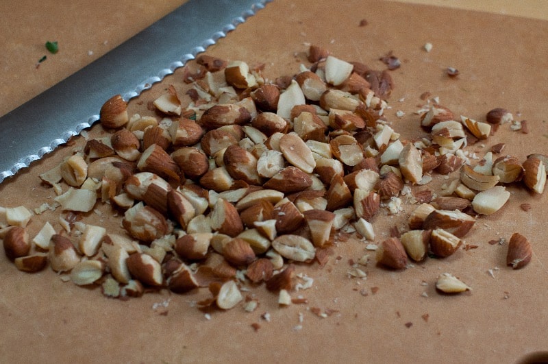 Chopped nuts on cutting board
