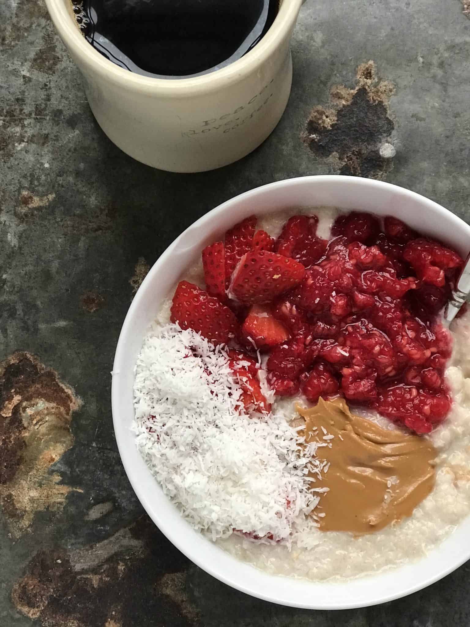 coconut berries peanut butter on hot quinoa cereal 