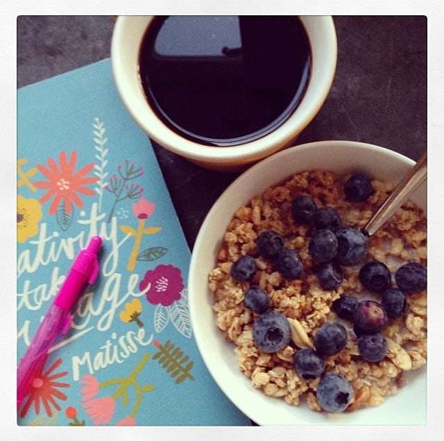 Cereal and coffee with journal and pen