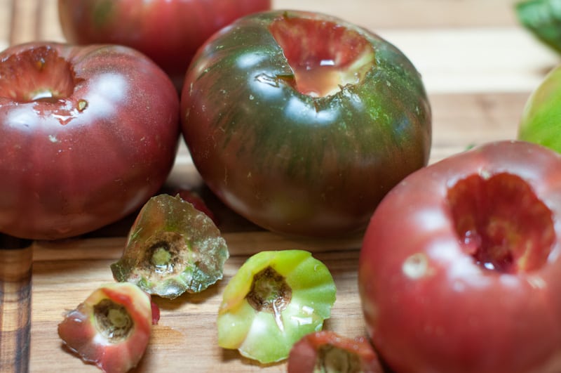 Cored heirloom tomatoes