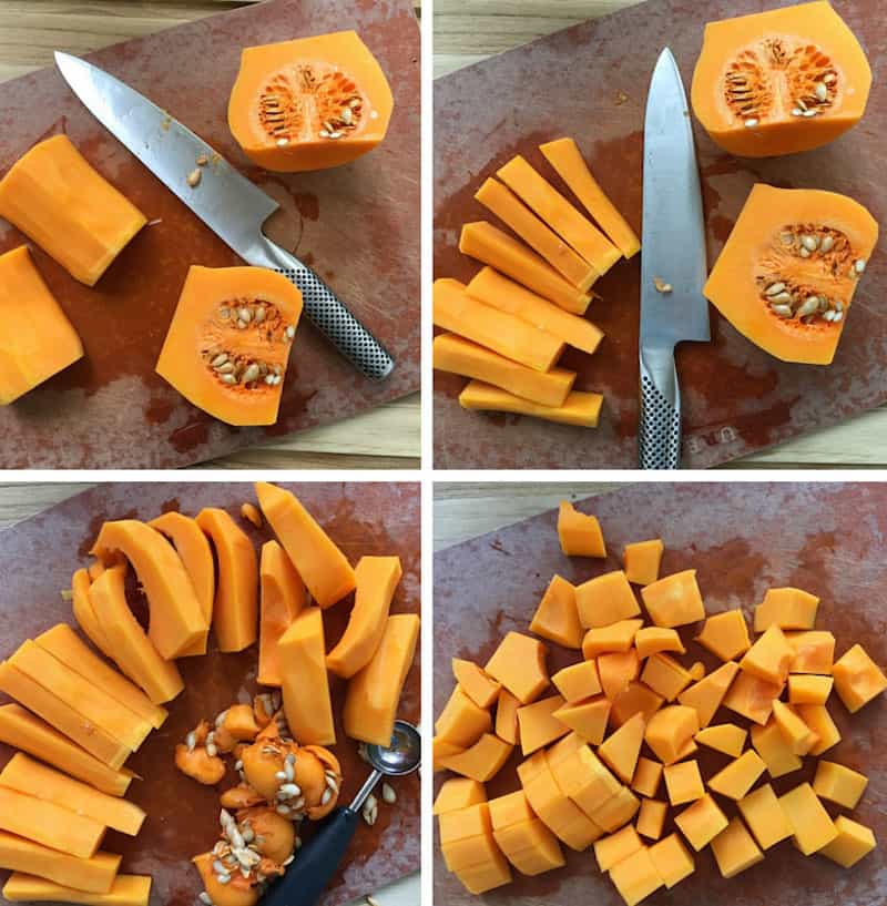 Cutting up a squash into cubes for roasting