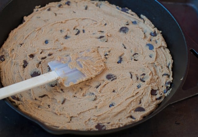 Dough pressed into the skillet