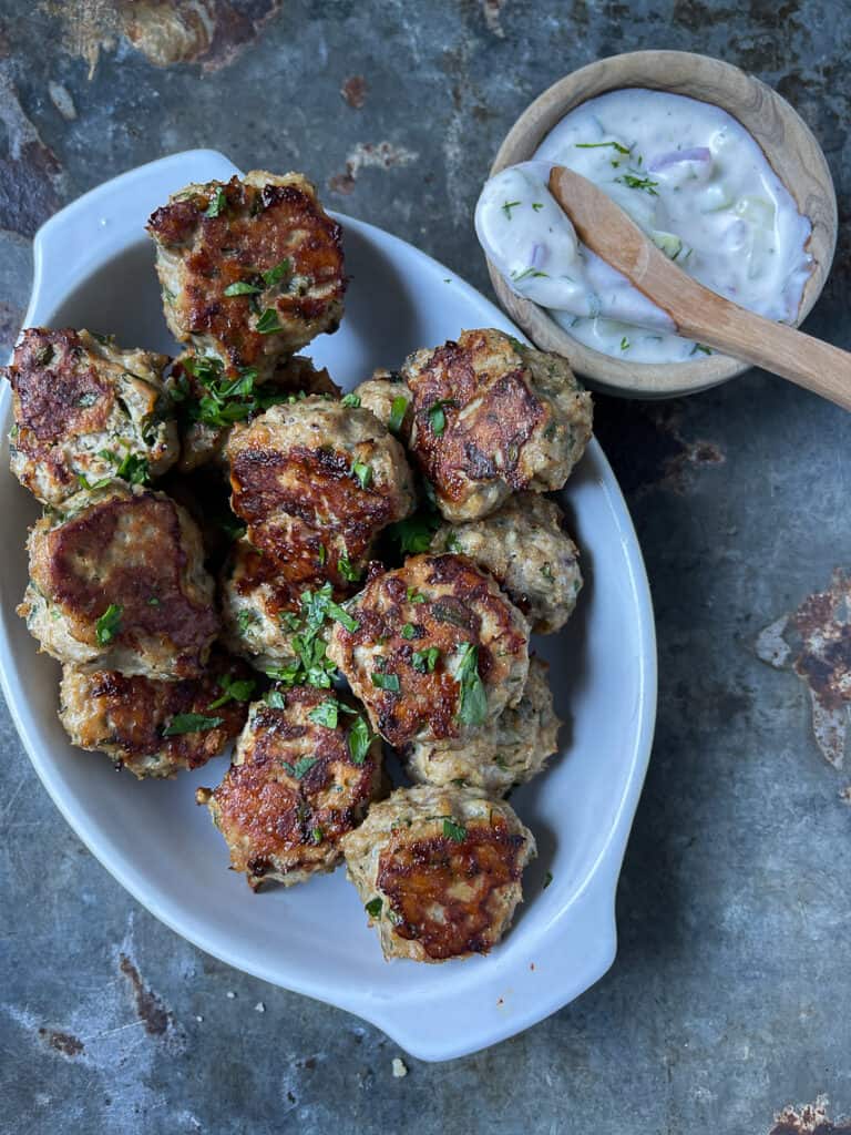Easy chicken kofta meatballs with tzatziki.