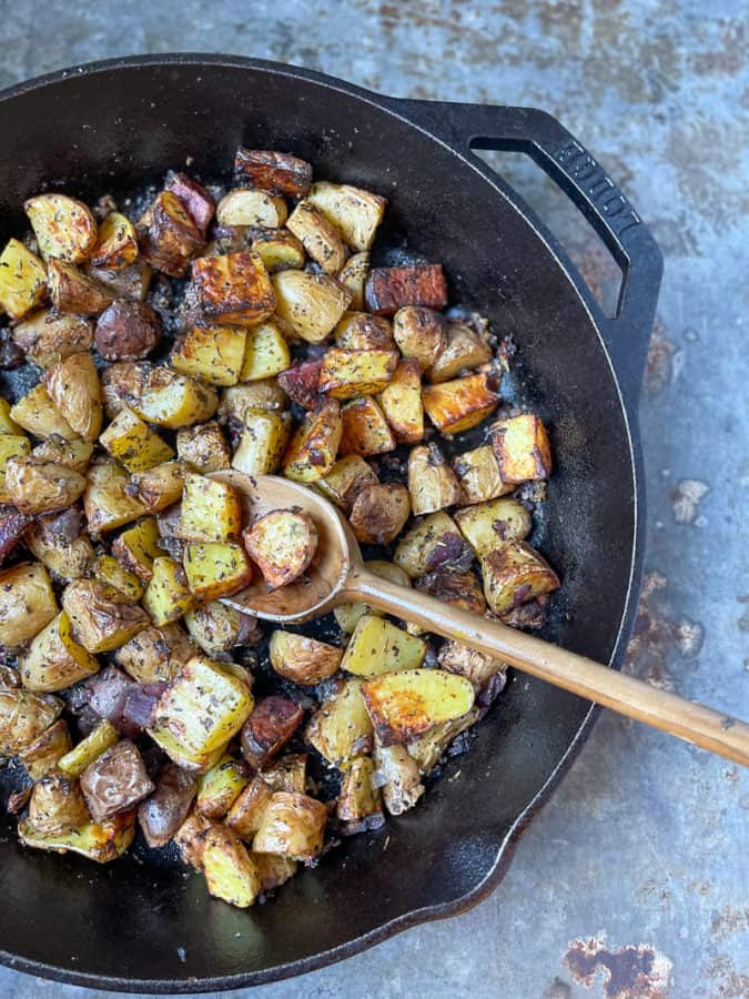 Easy ovenroasted potatoes in a skillet