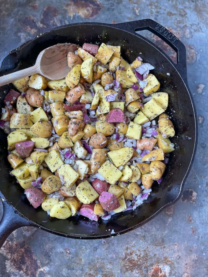 easy oven roasted potatoes in skillet