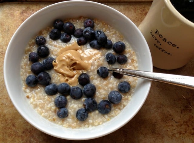 Easy overnight steel cut oats topped with peanut butter