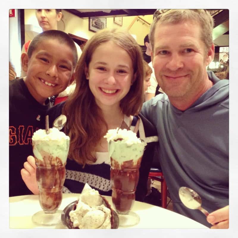 Eli, Zoe and John with ice cream sundaes