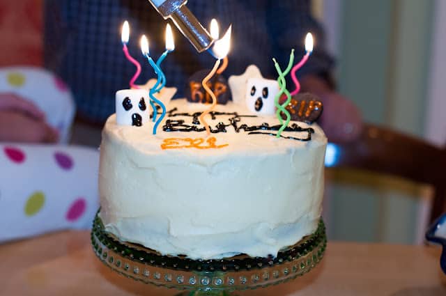 Birthday cake with candles lit