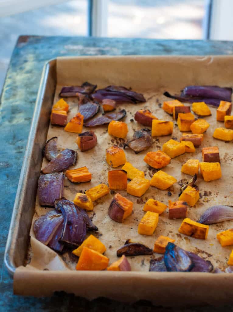 Fall roasted vegetables on a baking sheet