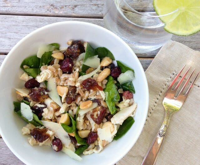 Farro and chicken salad with dates and cranberries.