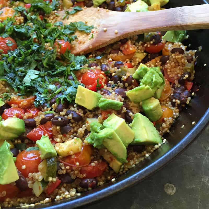 Finished Mexican quinoa with avocado and cilantro added