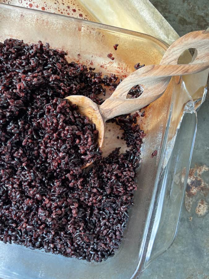 Fully cooked baked forbidden black rice