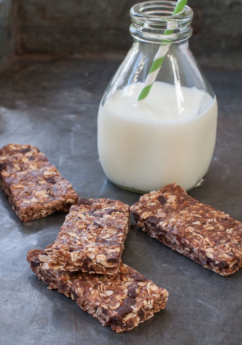 Granola bars on table with milk