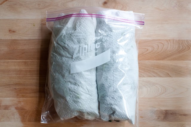 Greens wrapped in paper towel inside baggie