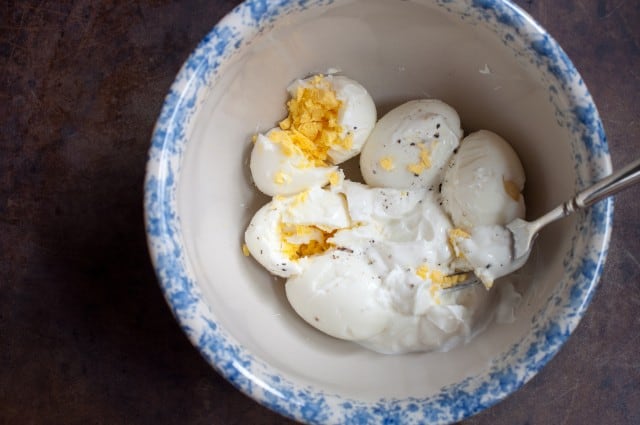 Hardboiled eggs with mayo in a bowl