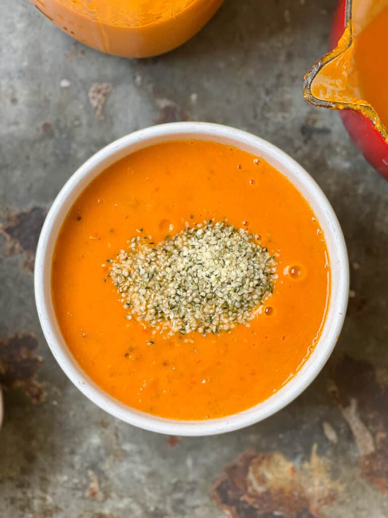 Heirloom tomato soup with quinoa and hemp seeds.