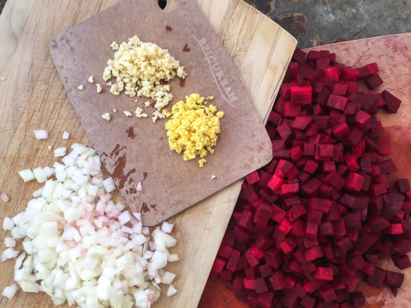 Ingredients for beet ginger and coconut soup