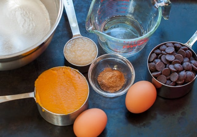Ingredients for chocolate chip pumpkin bundt bread
