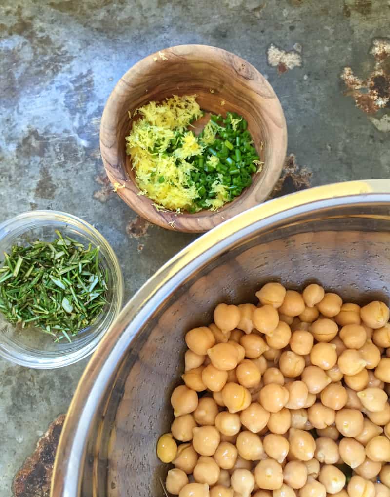 ingredients for crispy roasted chickpeas rosemary and lemon