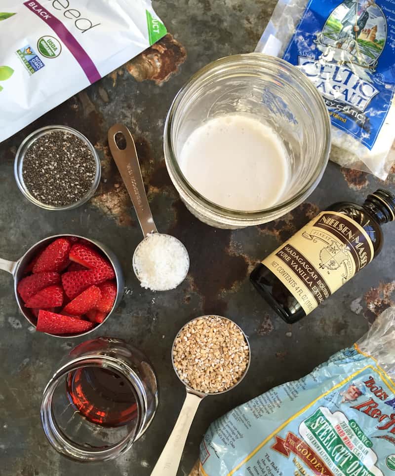ingredients for overnight refrigerator steel cut oats with chia and strawberries