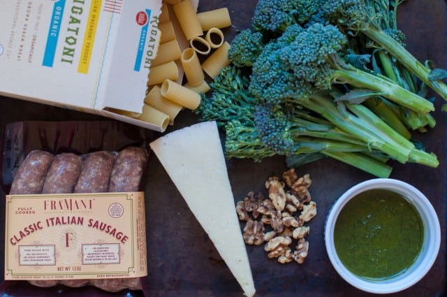 Ingredients for pasta with walnut pesto, sausage and broccolini