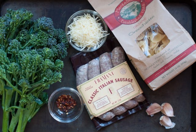 Ingredients for pasta with sausage and broccoli rabe
