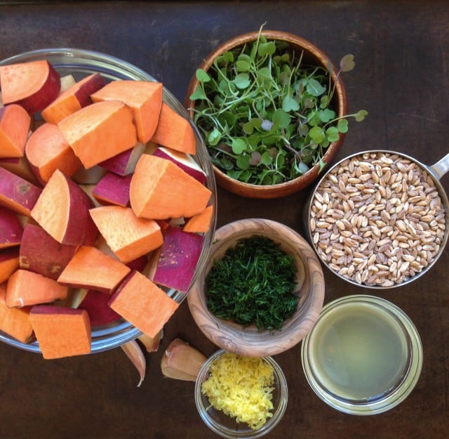 Ingredients for sweet potato and farro salad