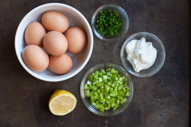 Ingredients for simple egg salad sandwich