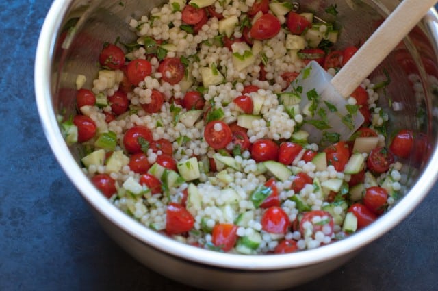 israeli couscous salad in a bowl