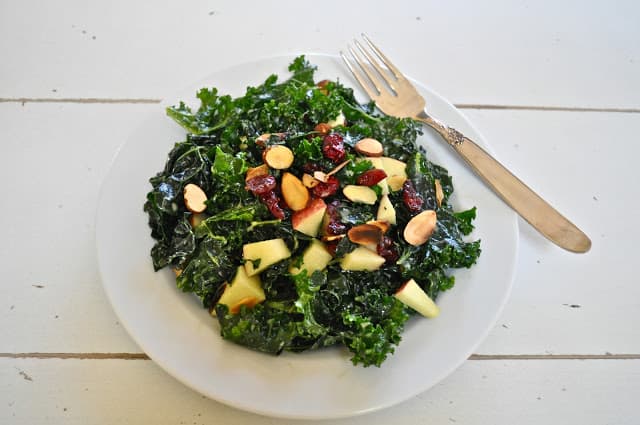 Kale, cranberry, apple and toasted almond salad with lemon dressing