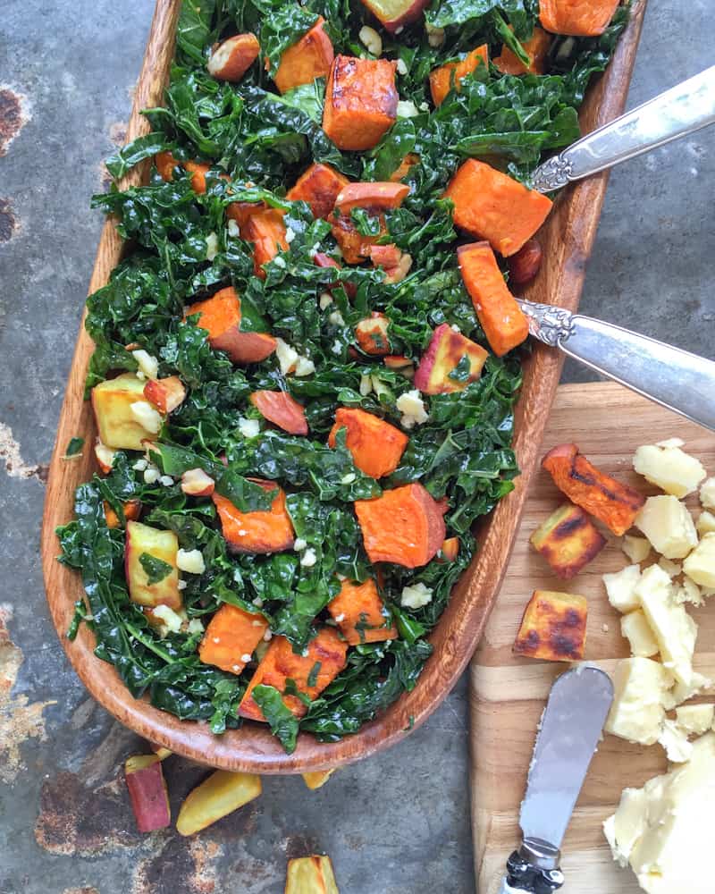 kale salad with sweet potato and aged cheddar