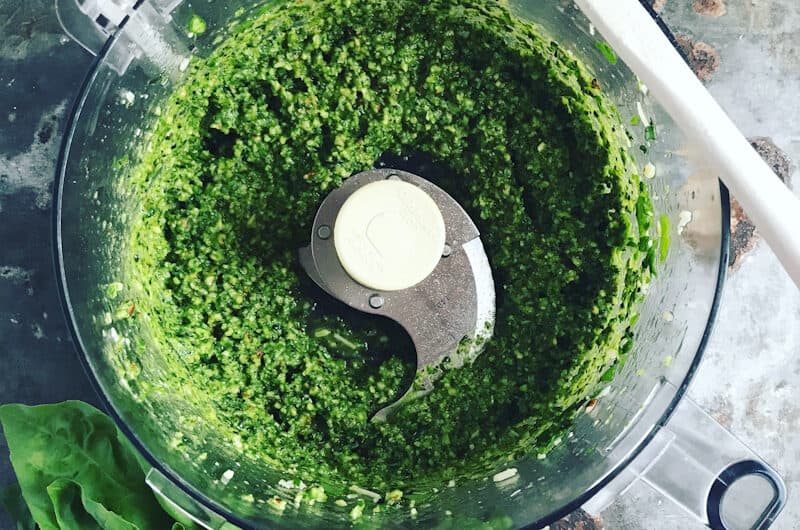 Kale spinach and basil pesto in a food processor