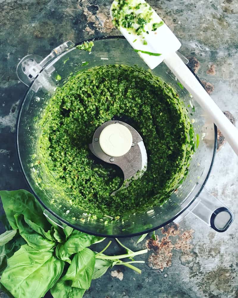 Kale spinach and basil pesto in a food processor