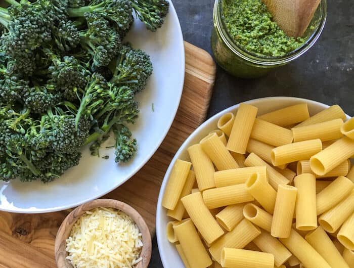 Kale spinach and basil pesto with broccoli rabe and rigatoni pasta.