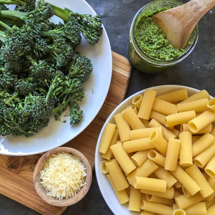 Kale spinach and basil pesto with broccoli rabe and rigatoni pasta.