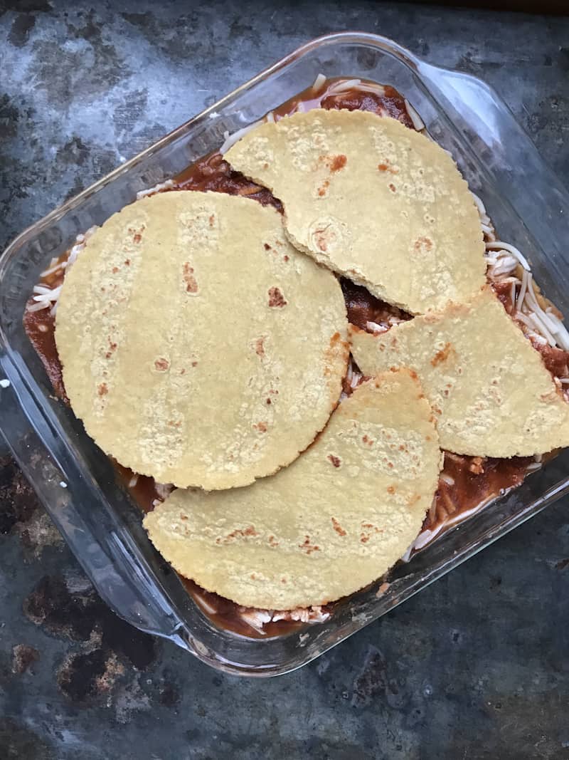 Tortilla layer for chicken enchilada bake