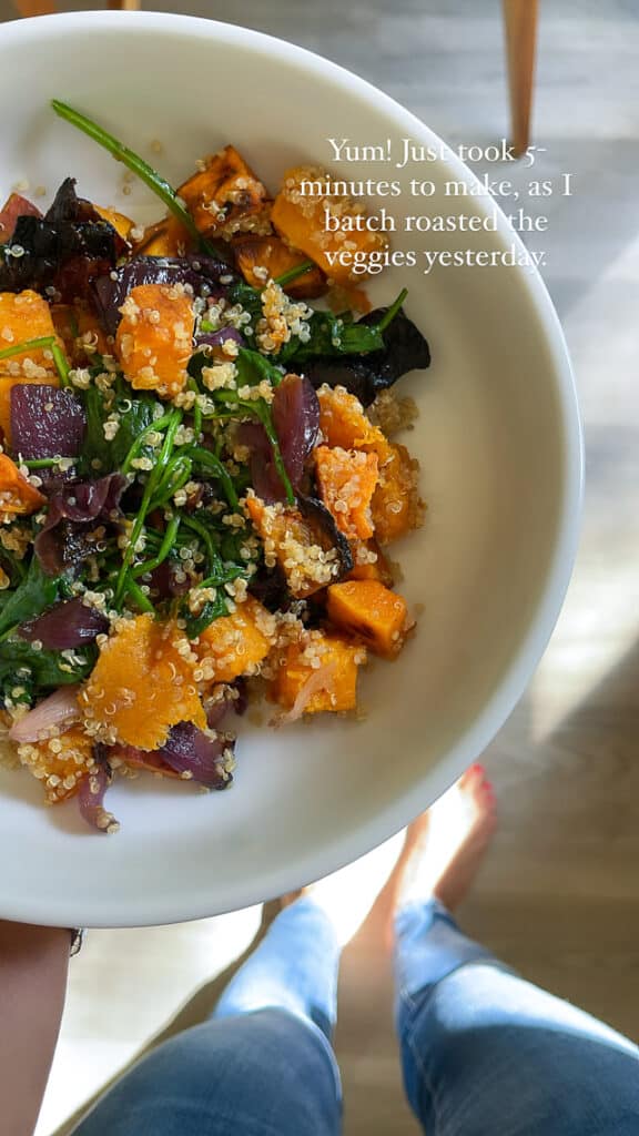 Leftover lunch using butternut squash and red onion.