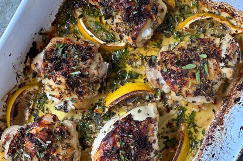 Lemon and herb roasted chicken thighs.